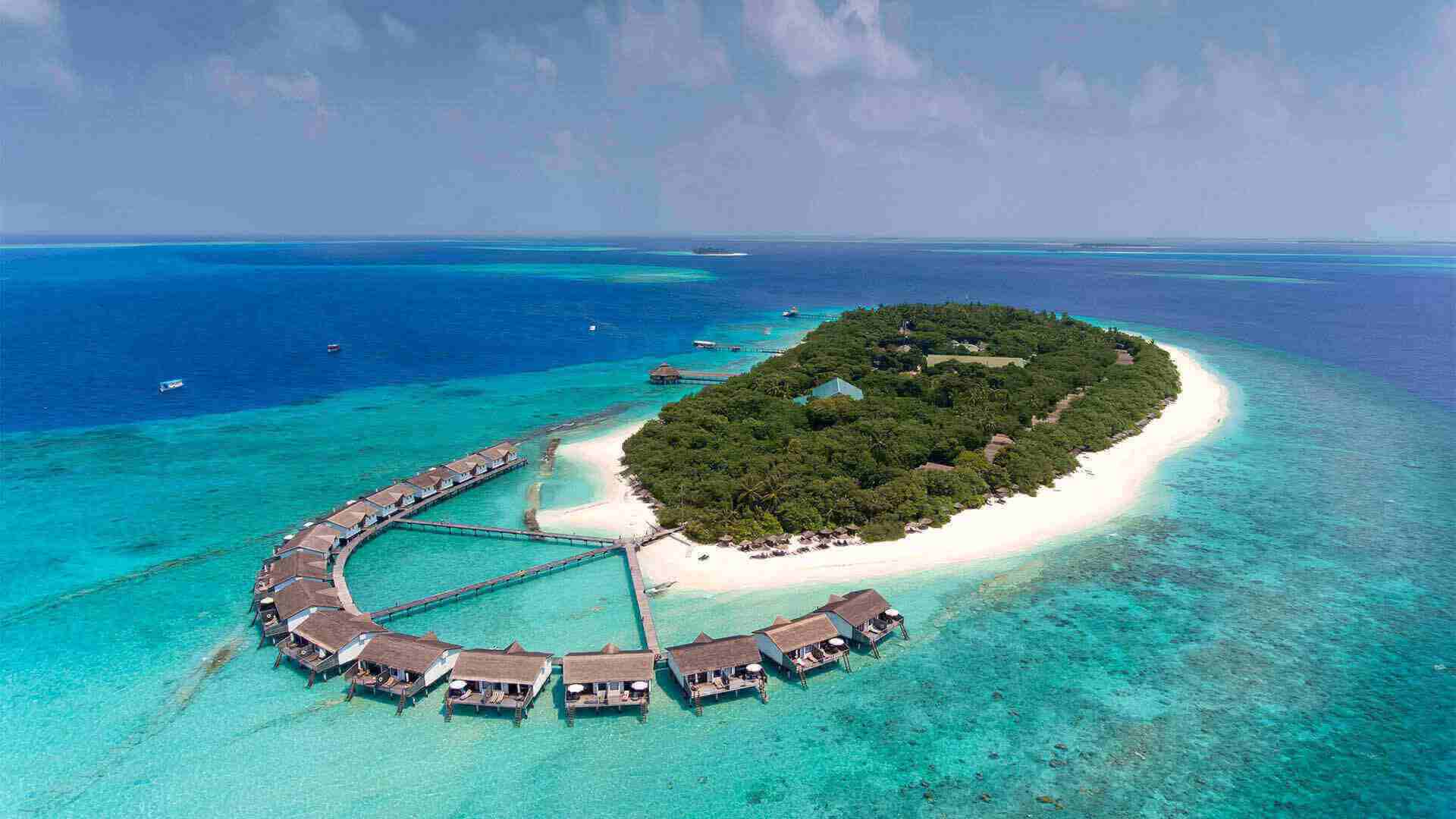 High angle view of Reethi Beach Resort Maldives with ocean 