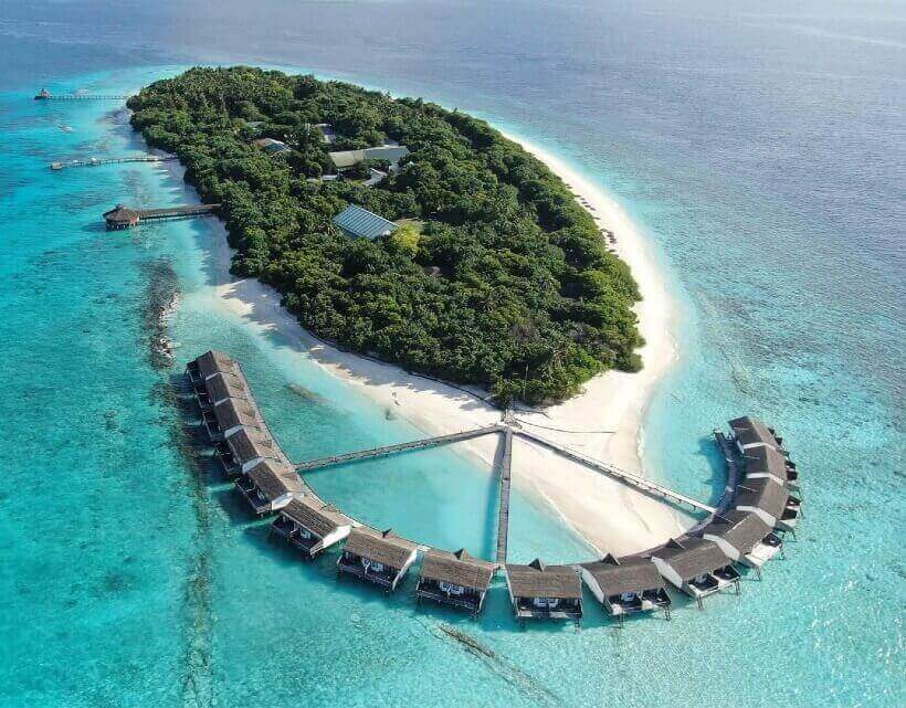 Landscape view with water villas at Reethi Resort 