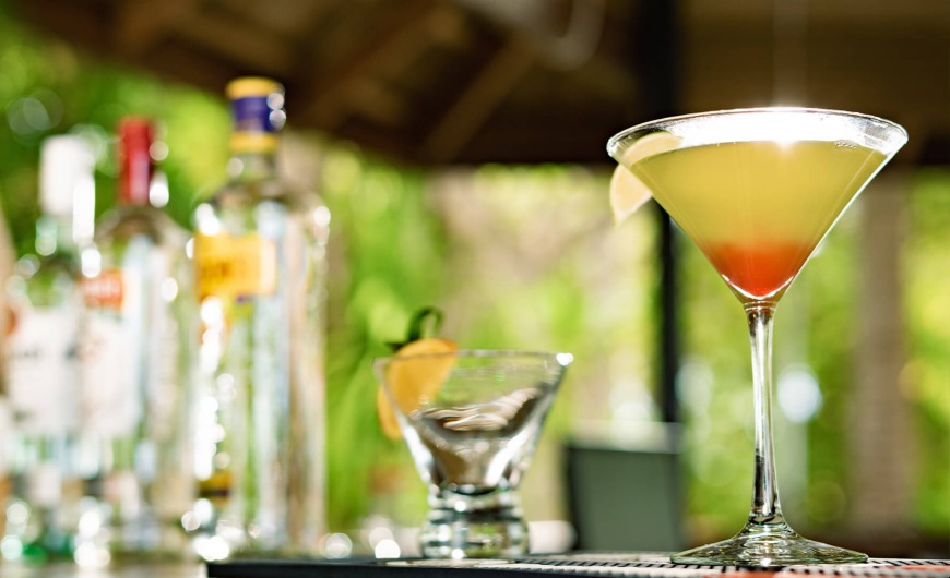 Closeup of cocktail glass at Handhuvaru Bar, Maldives