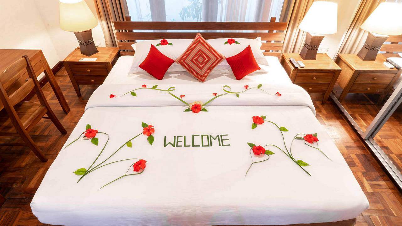 Close up of Reethi Suite villa with flowers decoration at Reethi Resort
