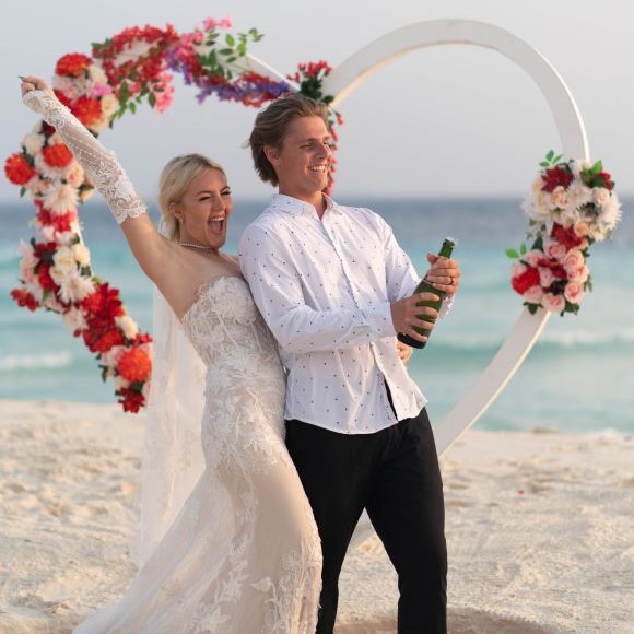 Happy bride and groom in a wedding ceremony at Maldives